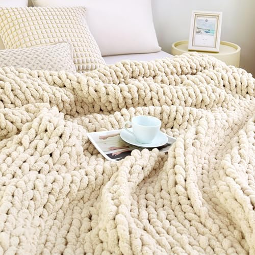 Admitrack Chunky Knit Blanket Throw, 100% Hand Knit Chenille Throw Blanket for Sofa & Home Decor, Soft and Cozy Knitted Throw Blankets (Ivory，40x50)
