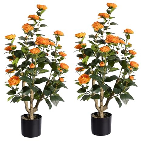 Romantic Season 2Pack Artificial Camellia Tree 3FT, Orange Faux Camellia Plant Fake Potted Camellia Flower Tree Plastic Camellia Tree for Modern Home Office Living Room Floor Décor Indoor