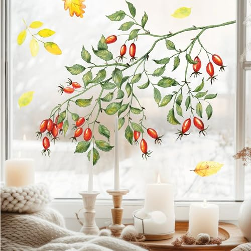 Fensterbild Hagebutten Zweig Herbst Herbstfrüchte Herbstblätter Halloween bunt wiederverwendbare Fensteraufkleber Kinderzimmer Baby Kind, 3. A2 Bogen