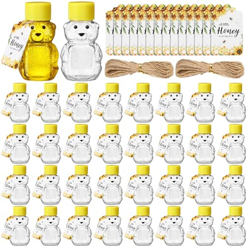FoldTier 50 Sets 57 ml Kunststoff-Honigbär-Flaschen, Geschenk für Babyparty | 50 klare leere Honiggläser in Bärenform mit Schraubdeckel, 50 Etiketten, 2 Rollen Juteseil, Mini-Honigbehälter, Honigspender
