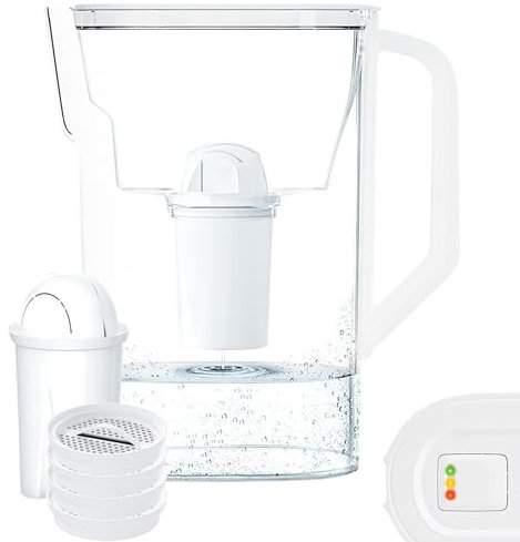 Wessper Caraffa Filtrante 2.7 L per Acqua con Contatore | Compatibile con Brita Classic, Effetto per Ridurre Calcare | Caraffa Filtrante per l'acqua + 4x Filtro per Acqua ACTIVVE DISC - Bianco