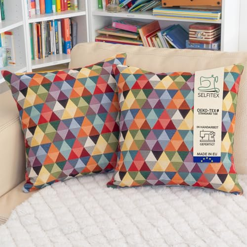 Selfitex 2er Set Bunte Couchkissen 50x50 cm, Sofakissen mit Füllung und Bezug, kuschelweiches Lesekissen, dekoratives Fernsehkissen, Deko- und Kopfkissen, Rückenkissen (Dreieck)