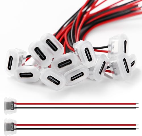 KUOQIY Lot de 12 prises USB-C 3 A 2 broches - Prise USB C avec boucle à cliquet - 2 fils de type C à encastrer - Avec fils de 100 mm 24 AWG - Transparent