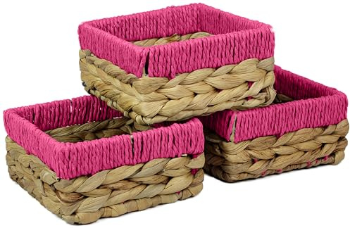 Small Water Hyacinth Square baskets for storage. Natural with Pink edges for shelves open hamper decorative gift mini tray make up Kitchen organiser (3 x Pack, small 14cm)