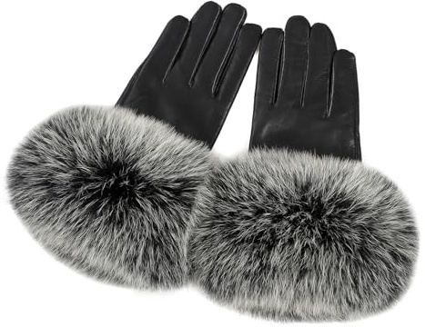 BOONJOVIA Women Genuine Lambskin Leather Gloves With Real Fox Fur Trim Cuff Winter Warm Driving Gloves-Velvet Lined (Black Frost, Medium)