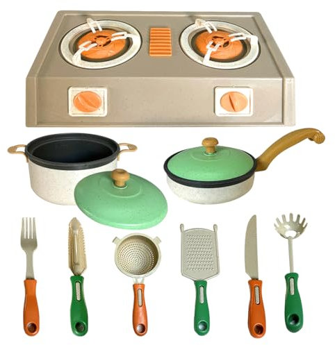 Koolbitz 11PCS Kids Kitchen Play Set - Pretend Cooking Set with Realistic Stove Toy, Pans and Utensils - Educational Role Play Gift for Girls and Boys Ages 3+ Years