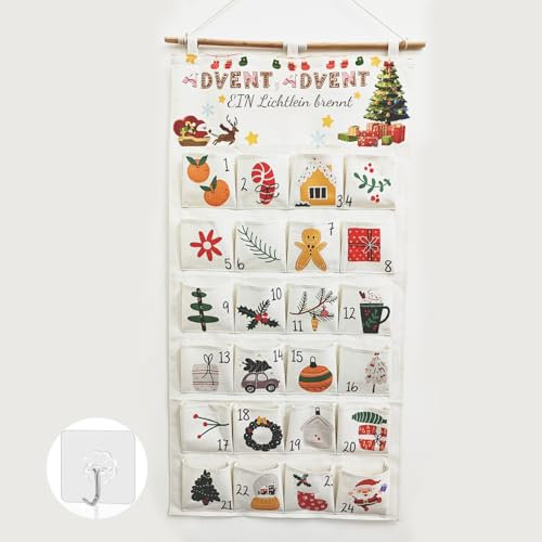 Adventskalender 2025 als Wandkalender aus Stoff, Adventskalende zum Befüllen Wiederverwendbar mit 24 Stoffbeutel, Adventskalender Wandteppich Hängend zum Wand Tür Deko Kalender