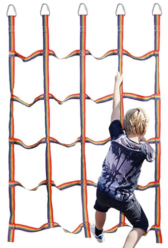 Kletternetz für Kinder: Outdoor-Spielzeug mit Regenbogengurten für Kinder, Seilleiter, Hindernislast mit Riemen, 145 x 183 cm, Luftzubehör für das