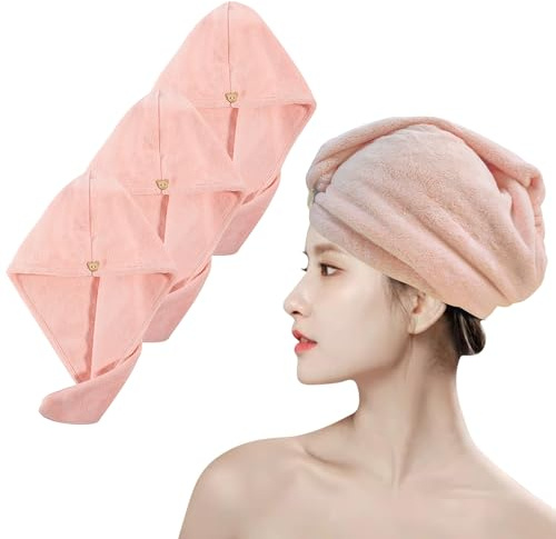 wetore Confezione da 3 asciugamani per capelli in microfibra, ad asciugatura rapida, turbante per donne e bambini, 60 x 25,8 cm, super assorbenti, ad asciugatura rapida, con bottone, per capelli ricci