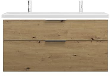 burgbad Eqio Keramik-Doppelwaschtisch inklusive Waschtischunterschrank mit LED-Beleuchtung, mit 2 Schubladen, Breite 1230mm, SEZC123F5662C0001G0146, Farbe: Eiche Dekor Urban/Eiche Dekor Urban, Griff
