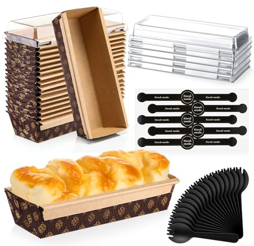 Baderke 20 Pcs 8 x 2.5 Inches 1lb Paper Loaf Pan with Lids and Plastic Black Spoons Sealing Sticker Disposable Paper Baking Pan Mold for Cake Bread Oven Loaf Bakery