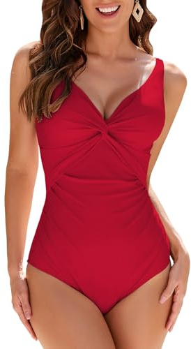 WIN.MAX Trajes de baño de una Pieza para Mujer Traje de baño con Control de Barriga Trajes de baño Monokini con Pliegues y Empuje hacia Arriba, para Copa D a G (Rojo Cardenal, EU40)