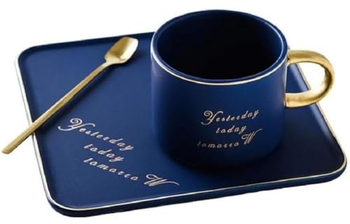 Huiyiwert Taza de café de porcelana con platillo y cuchara, 200 ml, juego de tazas de capuchino con platillo, juego de café con leche, espresso, moca (azul)