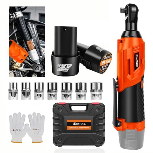 12V 3/8 Kit de Clé à Cliquet électrique Sans Fil, avec 2 Packs de Batterie Lithium-ion 1500 mAh et Chargeur rapide, 7 douilles, 300RPM, LED intégrée，Réparation de meubles pour changer les pneus