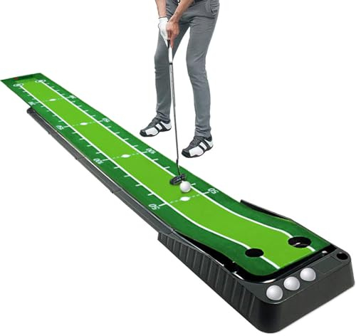 Asgens Putting Green Tapete de Práctica con Retorno Automático de Bolas y Marcador de Distancia, Superficie de Terciopelo para Oficina, Sala de Juegos, Patio - 9.8 pies con 3 Bolas Adicionales