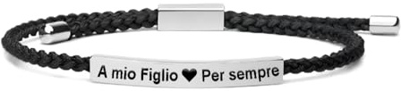 Bramart - Bracciale Uomo in Acciaio Inox con Corda Intrecciata - Incisione A Mio Figlio Per Sempre - Regolabile per Ogni Occasione - Da Papà o Mamma, Nero, Grande, Acciaio Inox Lucidato