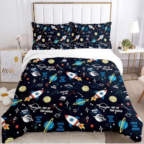 KXHHYB Weltraum Bettwäsche 135x200cm,Universum Planet Rakete Bettwäsche Set Jungen Mädchen Kinder Weiß Blau Rakete Sterne Planeten Muster mit Kissenbezug 50x75cm (C, 135x200cm)