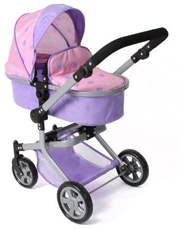 Bayer Chic 2000® Passeggino per bambole 2 in 1 Mika - Cuoricini viola - Pieghevole - Manico regolabile in altezza 47-80 cm - Telaio moderno - Bambole fino a 52 cm - 4-8 J