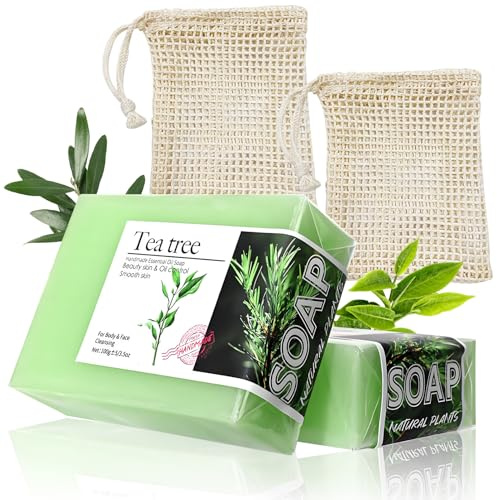 Teebaumöl Seife, 2X100g TeebaumölSeife mit einem Schaumnetz, Naturseife | Teebaumöl Seife,Gesichts und Körperseife mit Teebaumöls,für Tiefenreinigung, Geeignet für Gesicht und Körper,Entfernt Talg