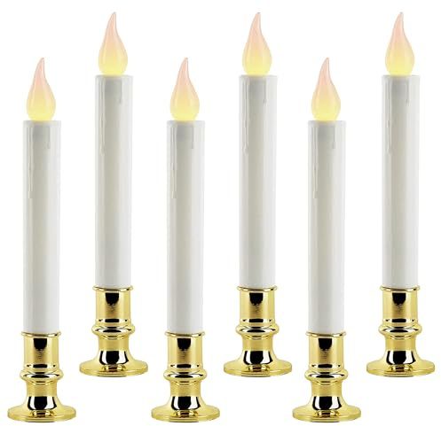 YULETIME 6er-Pack flammenlose Fensterkerzen, batteriebetriebene, flackernde, warmweiße LED-Kerzen aus Kunststoff mit Timer (Goldbasis) | Goldsockel, konische Kunststoffkerzen, 23,5 cm hoch, flackernd, schnurlos, 8-H ON/16-H OFF, automatischer Timer