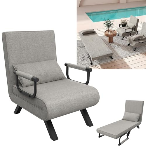 YUENFONG 3 in 1 Schlafsessel Schlafsofa Relaxsessel mit Bettfunktion, Klappbett mit 5-Stufig Verstellbarer Rückenlehne & Rückenkissen, Sofabett Klappsessel Bis 200kg, Hellgrau
