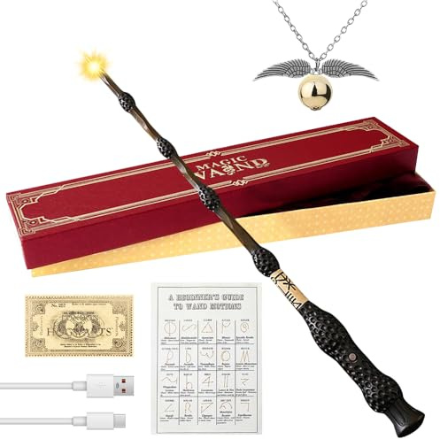 Dumbledore Wand, 35cm Elder Light Up Wand with Station Ticket, Spell Card and Necklace USB Charging Glow Magic Wand Dumbledore Wizards Wand in Gift Box Elder Magic Wizard Wand for Halloween Party