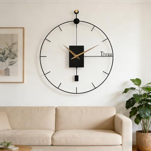 Kamanan Modern Wall Clock, Large Wall Clock with Pendulum, Battery Operated, Metal Non-Ticking Silent Decorative Wall Clocks for Living Room, Dining Room, Bedroom