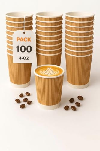 100 x 4oz (120ml) Kraft Brown Ripple Paper Cups – Triple Wall Disposable Espresso Coffee Cups, Insulated Leak-Proof Hot Drink Takeaway Cups, Food Safe, Compostable & Eco Friendly