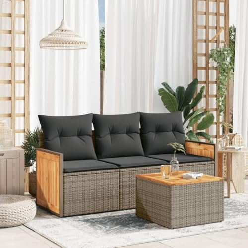 Hoopleep 4-TLG. Garten-Sofagarnitur Grau aus Poly Rattan mit Kissen, modulares Outdoor Loungeset für Terrasse, wetterfest und pflegeleicht, inklusive Tisch