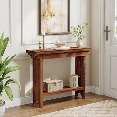 Tribesigns Table console rustique en bois massif avec étagère inférieure pour salon, couloir, entrée, marron foncé 100 cm