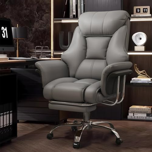 XUEGW Bürostuhl mit Fußstütze & Lendenwirbelstütze – Ergonomischer Gaming-Stuhl mit höhenverstellbarem Kopfstütze & Verstellbarer Rückenlehne, Hochlehnen-Kunstleder Drehstuhl fürs Homeoffice (Grauen)