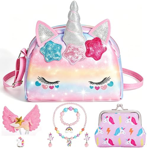 Hapikids Einhorn Geschenke für Mädchen, Geschenk Mädchen 2 3 4 5 6 Jahre Geburtstagsgeschenk für Mädchen Spielzeug 2-6 Jahre Einhorn Kinderschmuck Handtasche Halskette Armband Ring Ohrring Schmuckset