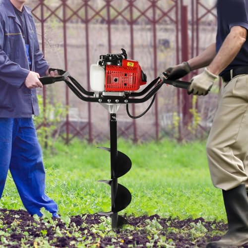 Jordborr bensin 63 cm³, 3 hk, tvåtaktsmotor, 8-tums borr, bensin, jordhålsborr, stolpborr, trädgårdsborr för stolphål och plantering, aluminium och stål