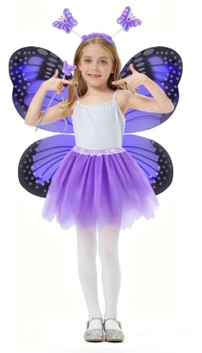 Déguisement de Fée Papillon, 4 Pièces Deguisement Fille-Ailes, Baguette, Serre-tête et Tutu, Déguisement Princesse pour Enfant Fille Carnaval Party
