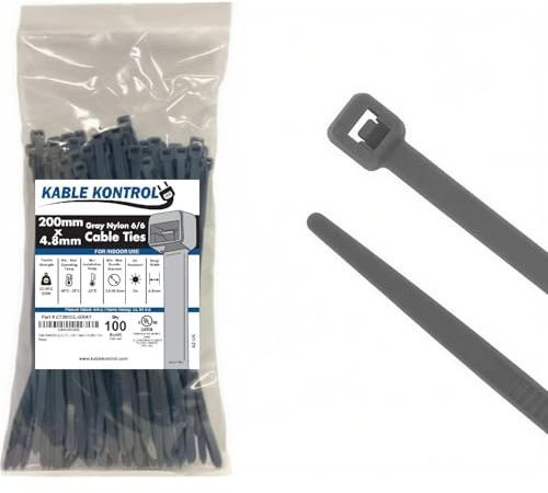 Kable Kontrol Grey Cable Ties, 200 mm x 4.8 mm, Pack of 100, 8 Premium Nylon Zip Ties, Multi-Purpose Plastic Tie Wraps, Secure Self-Locking Mechanism, for Home, Garden, Office and DIY