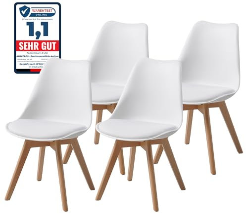 ALBATROS Esszimmerstühle 4er Set AARHUS, Weiss - Beine aus Buche Massiv-Holz, Skandinavisches Retro-Design, bequemer Schalenstuhl - Eleganter Küchenstuhl, Stuhl Esszimmer für Esstisch
