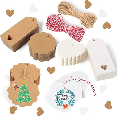 Alintor 100stk. Geschenkanhänger Weihnachten, Geschenk Etiketten Kraftpapier 4x9CM, Anhänger Hochzeit mit 20m Schnur, Flaschenetiketten für Stempel Honiggläser Marmeladendeckchen Namensschilder