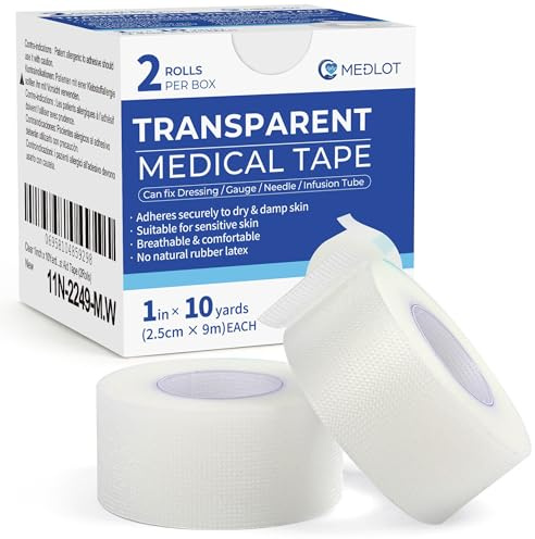 LotFancy Transparent Medical Tape 1 x 10 Yd, 2 Rolls Hypoallergenic Surgical Tape, Waterproof PE First Aid Tape for Wound Care, Dressing Retention, Sensitive Skin, Latex Free