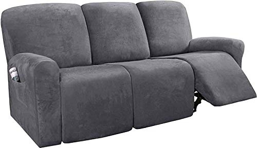 LINGKY 8-Pieces Recliner Sofa Covers Velvet Stretch Armchair Covers With Side Pocket Thick Soft Washable Sofa Covers 3 Seater Replacement Furniture Protector (Sofa, Gray)