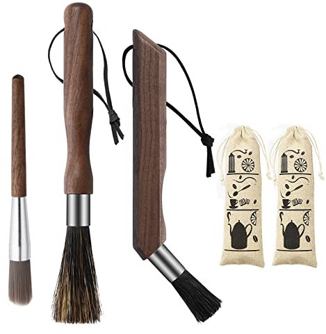 Co-link 3-Pack Professional Coffee Grinder Cleaning Brush Set, Natural Boar Bristles, Walnut Handle, Espresso Machine & Coffee Grinder Cleaner, 3 Count, Black