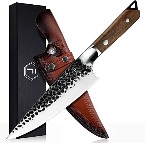 FANTECK Couteau de Chef Professionnel Couteau Cuisine Forgé en Acier Carboné, Couteau Sushi Couteau Polyvalent avec Manche en Bois, Couteau de Chef pour Coupe Viande, Légumes, Fruits