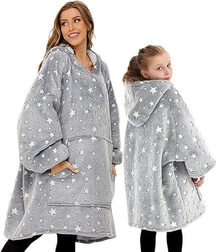 Oversized Luminous Hoodie Blanket for Adult & Kids, Wearable Hooded Blanket with Front Pocket, Family Matching