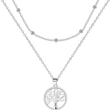 J.MUEN 925 Sterling Silber lebensbaum Anhänger Halskette mit Geschichtete Kette, Damen alles Gute zum Geburtstag Geschenkideen,Schmuck Für Frauen Und Mädchen
