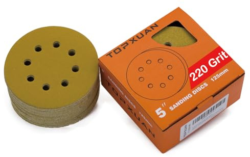TOPXUAN Discos de lijado de 5 pulgadas y 8 agujeros, papel de lija dorado en seco Hook&Loop, papel de lija orbital, apto para madera, metal, plástico y pulido, paquete de 50 (P220)