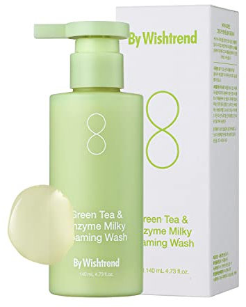 BY WISHTREND Jabón espumoso lechoso con té verde y enzimas, 140 g, papaína, complejo de leche de grano, hidratante, limpieza de poros, para pieles sensibles