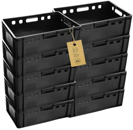 BirnePower Fleischerkiste E2 Schwarz (10 Stück) – Eurokiste 60x40x20 cm Stapelbox, Metzgerkiste HDPE Lebensmittelecht, Lagerkiste & Transportbox (41 Liter)