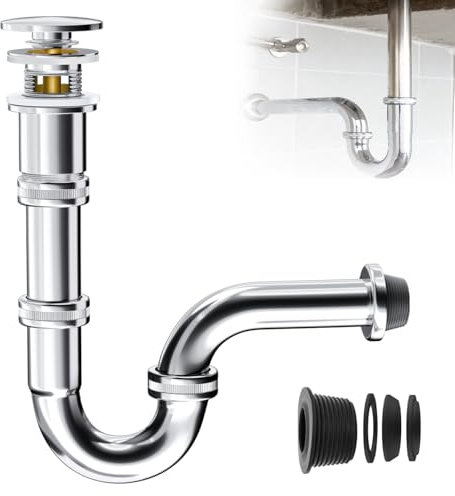 Sifone universale per lavabo con scarico pop-up, lavabo con troppopieno, 1 1/4, in acciaio inox, cromato, antiruggine, per lavabo con troppopieno in bagno e WC per ospiti