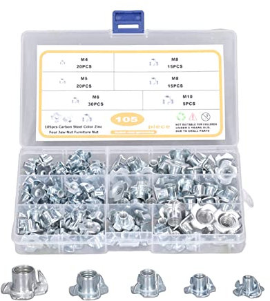 105-teiliges T-Muttern-Set, M4, M5, M6, M8, M10, T-Muttern aus Kohlenstoffstahl, 4 Zinken, T-Stücke, Blindmuttern, Gewindeeinsatz-Sortiment-Set Für Holz, Klettergriffe, Möbel
