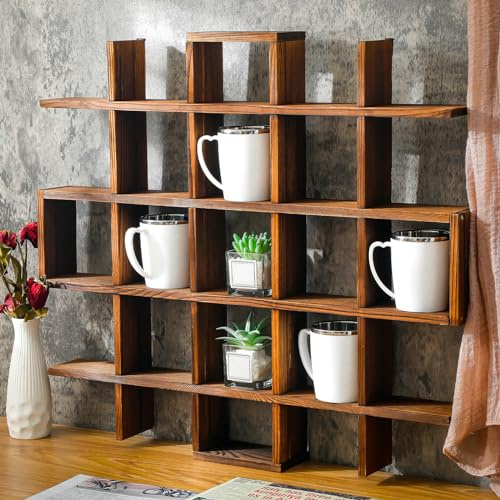Suzile Übergroßes Kaffeetassen-Regal, Rustikales Holz, Schwebendes Kurio-Regal, Wandmontage, Schattenbox (22 Fächer, Rustikales Braun)