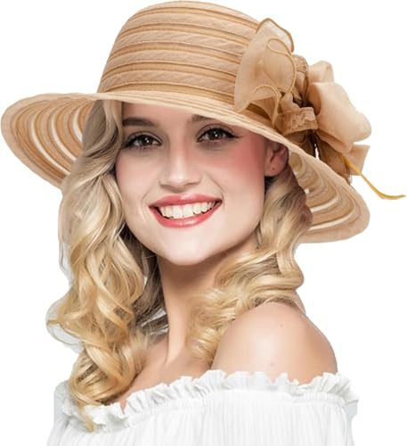 Tocado de organza de ala ancha para mujer, sombrero de paja para el sol, fiesta Derby, caqui, Talla única
